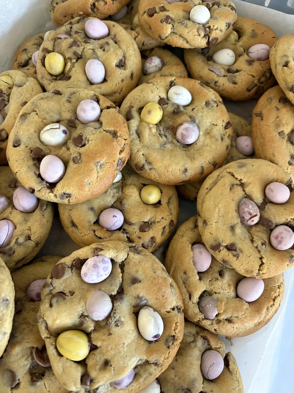 Tray of mini egg chocolate chip cookies