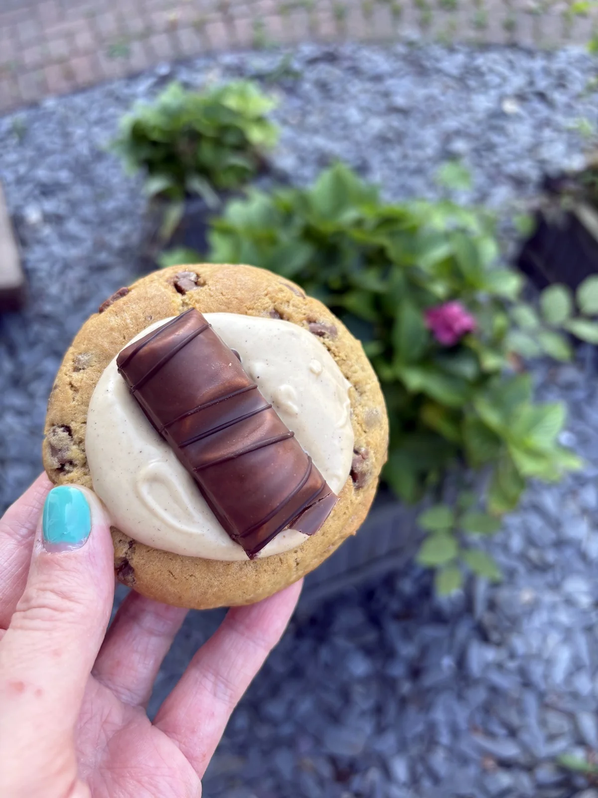 Chocolate chip cookie topped with Kinder Bueno
