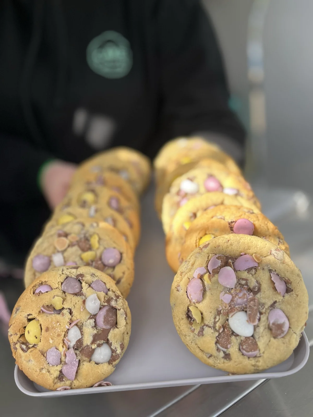 Freshly baked mini egg cookies on a serving tray